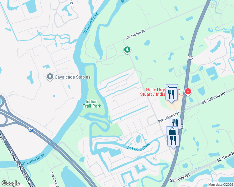 map of restaurants, bars, coffee shops, grocery stores, and more near 601 Southwest Timber Trail in Stuart