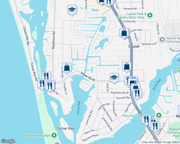 map of restaurants, bars, coffee shops, grocery stores, and more near 107 Clipper Way in Nokomis