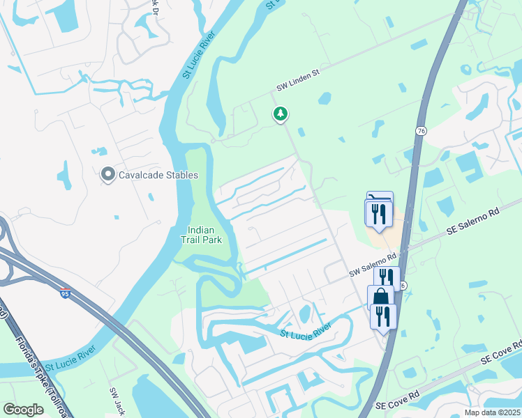 map of restaurants, bars, coffee shops, grocery stores, and more near 551 Southwest Timber Trail in Stuart