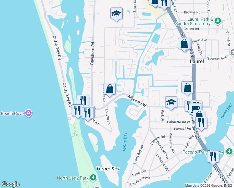 map of restaurants, bars, coffee shops, grocery stores, and more near 703 Albee Road West in Nokomis
