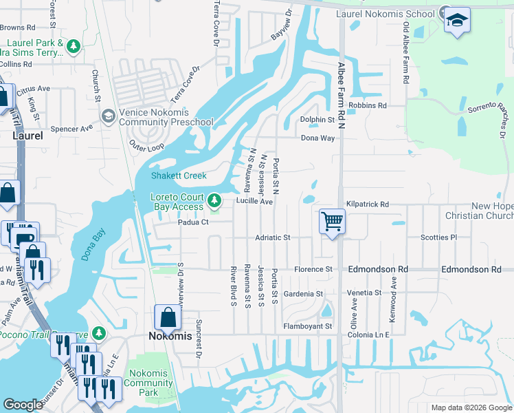 map of restaurants, bars, coffee shops, grocery stores, and more near 120 Jessica Street South in Nokomis