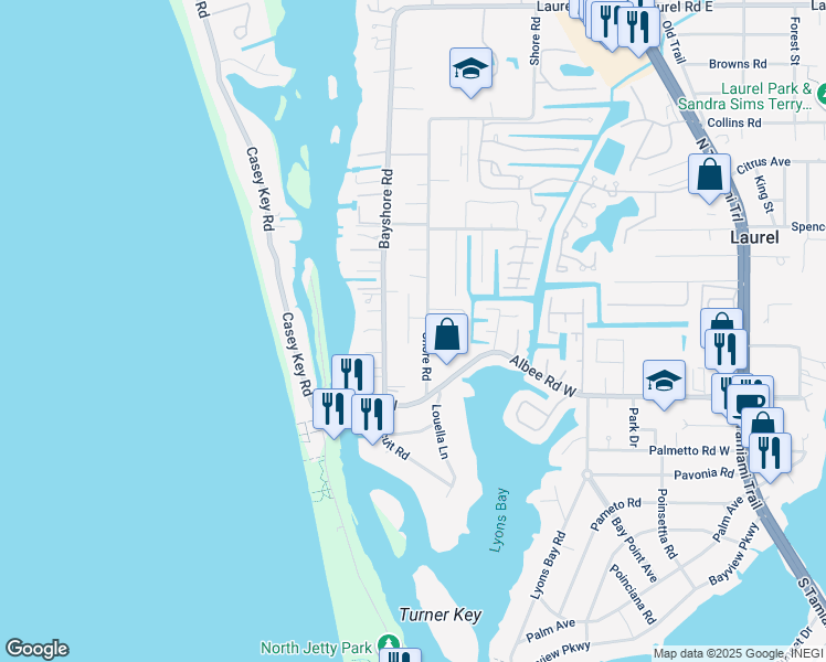 map of restaurants, bars, coffee shops, grocery stores, and more near 207 Shore T Road in Nokomis
