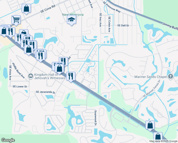 map of restaurants, bars, coffee shops, grocery stores, and more near 6271 Southeast Colonial Drive in Stuart
