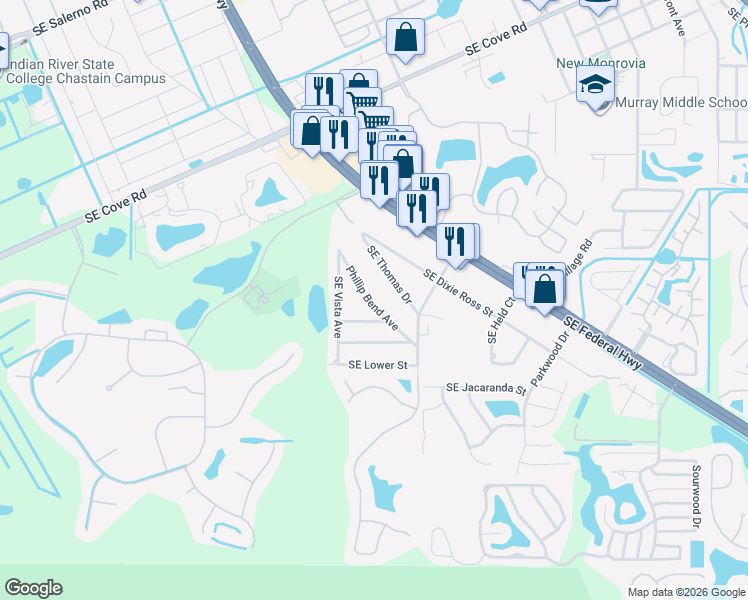 map of restaurants, bars, coffee shops, grocery stores, and more near 6361 Southeast Phillips Bend Avenue in Stuart