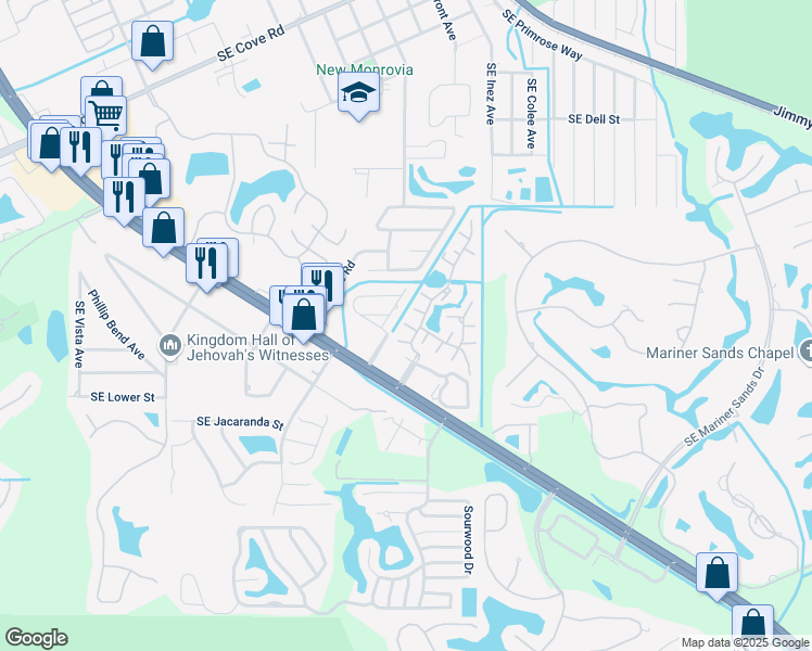 map of restaurants, bars, coffee shops, grocery stores, and more near 6341 Colonial Drive in Stuart