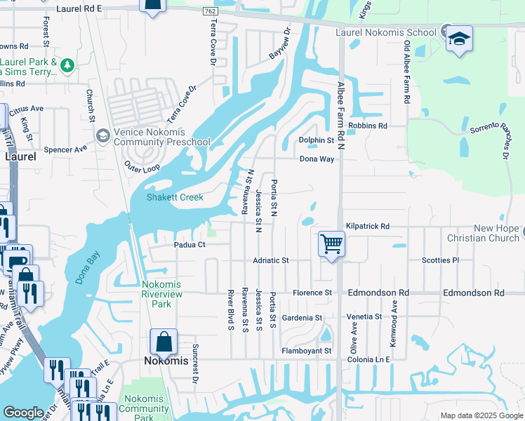 map of restaurants, bars, coffee shops, grocery stores, and more near 212 Jessica Street North in Nokomis