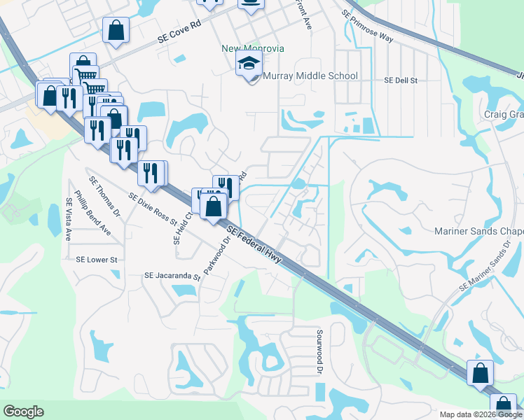 map of restaurants, bars, coffee shops, grocery stores, and more near 6341 Colonial Drive in Stuart