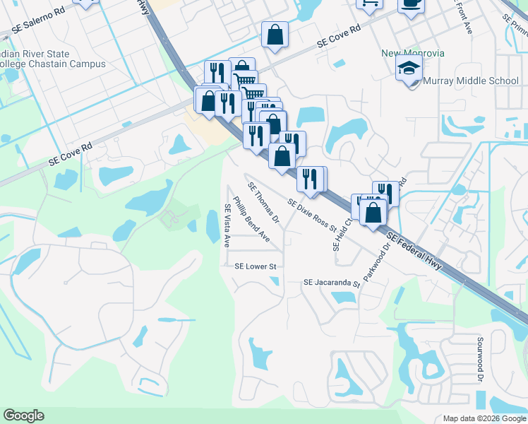 map of restaurants, bars, coffee shops, grocery stores, and more near 6361 Southeast Phillips Bend Avenue in Stuart