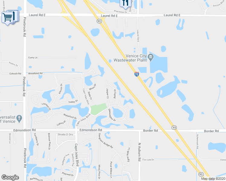 map of restaurants, bars, coffee shops, grocery stores, and more near 1543 Belfry Drive in Venice