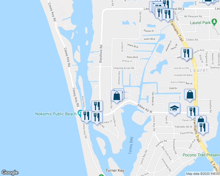 map of restaurants, bars, coffee shops, grocery stores, and more near 210 Shore Road in Nokomis