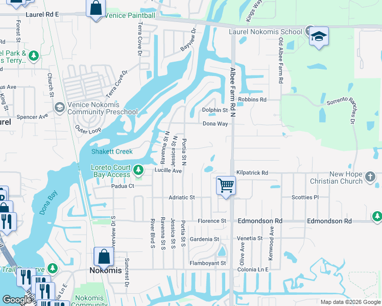 map of restaurants, bars, coffee shops, grocery stores, and more near 1175 Oak Tree Lane in Nokomis