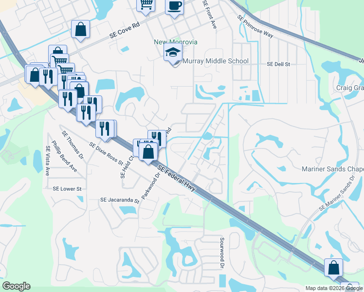 map of restaurants, bars, coffee shops, grocery stores, and more near 6341 Colonial Drive in Stuart