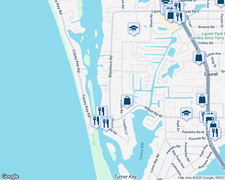 map of restaurants, bars, coffee shops, grocery stores, and more near 406 Bayshore Road in Nokomis