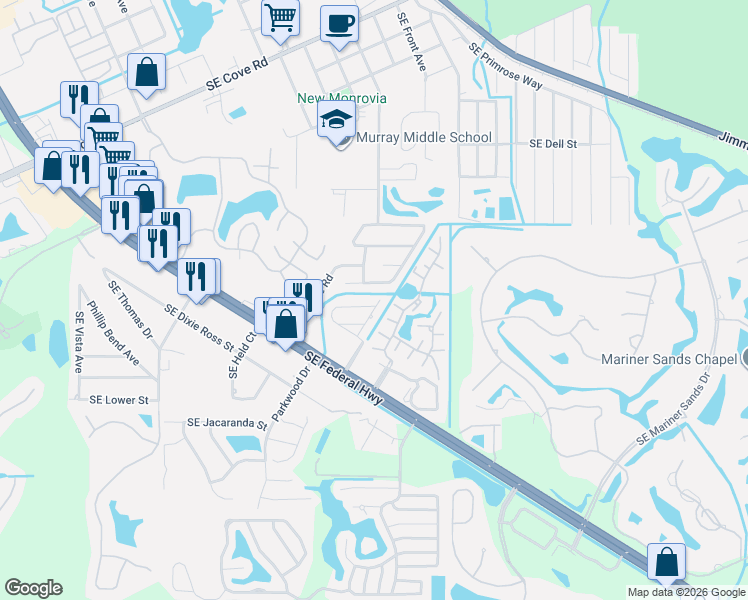 map of restaurants, bars, coffee shops, grocery stores, and more near 4508 Southeast Salvatori Road in Stuart
