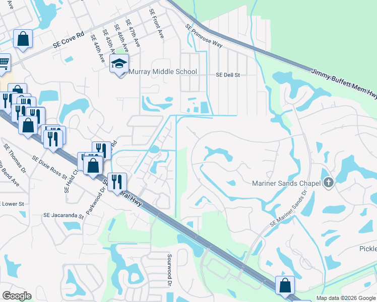 map of restaurants, bars, coffee shops, grocery stores, and more near 5161 Southeast Burning Tree Circle in Stuart