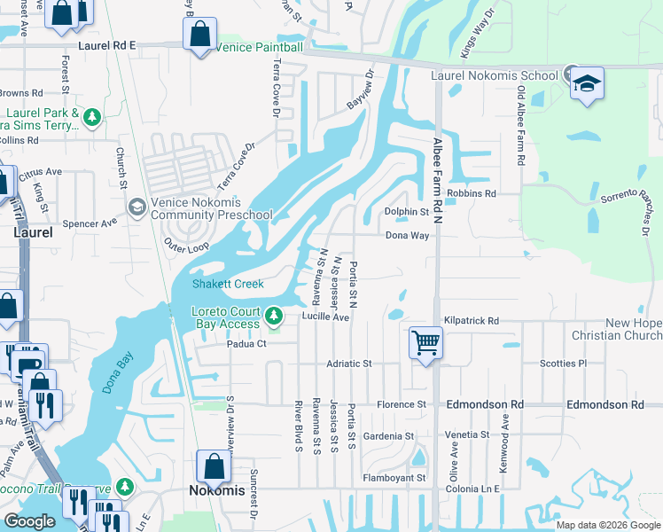 map of restaurants, bars, coffee shops, grocery stores, and more near 315 Jessica Street North in Nokomis