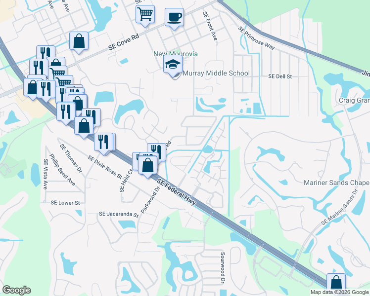 map of restaurants, bars, coffee shops, grocery stores, and more near 4508 Southeast Salvatori Road in Stuart