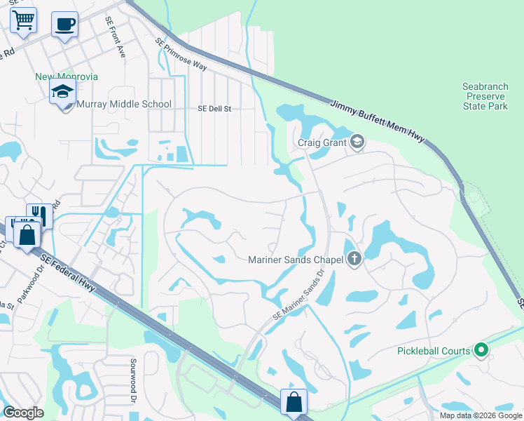 map of restaurants, bars, coffee shops, grocery stores, and more near 5320 Southeast Burning Tree Circle in Stuart
