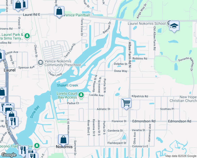 map of restaurants, bars, coffee shops, grocery stores, and more near 315 Jessica Street North in Nokomis