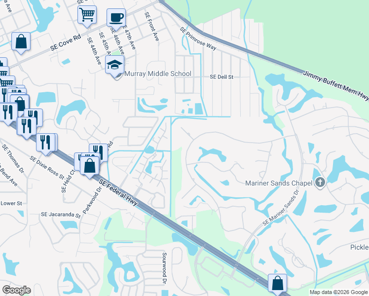 map of restaurants, bars, coffee shops, grocery stores, and more near 5161 Southeast Burning Tree Circle in Stuart