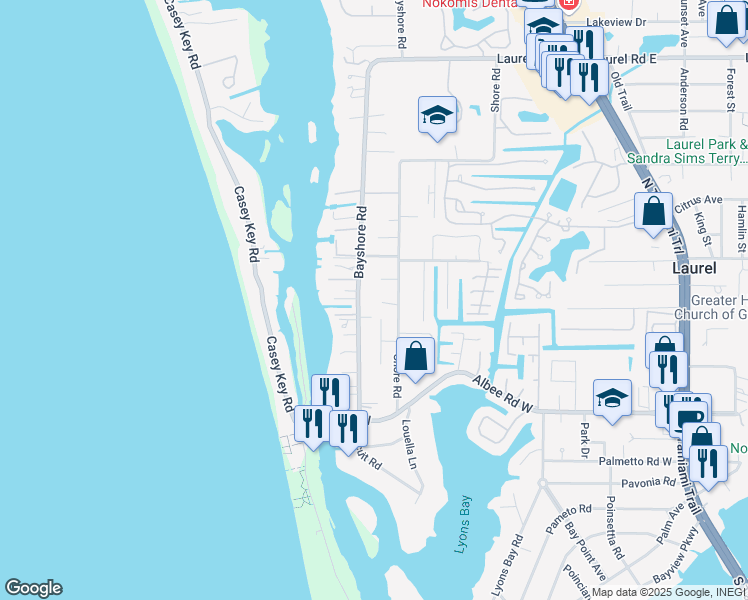 map of restaurants, bars, coffee shops, grocery stores, and more near 406 Bayshore Road in Nokomis