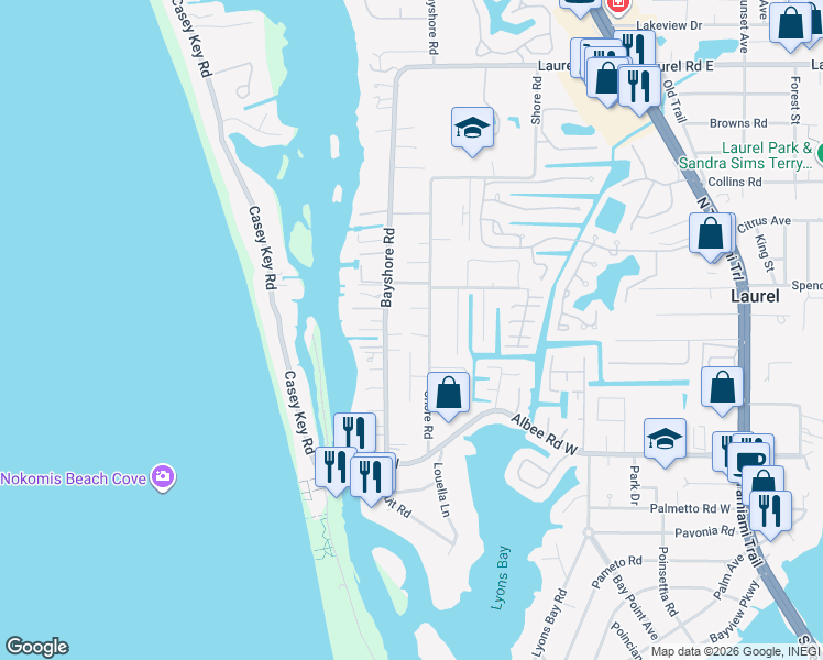map of restaurants, bars, coffee shops, grocery stores, and more near 406 Bayshore Road in Nokomis
