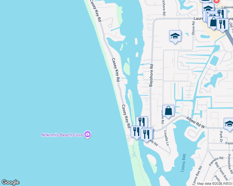 map of restaurants, bars, coffee shops, grocery stores, and more near 412 Casey Key Road in Nokomis
