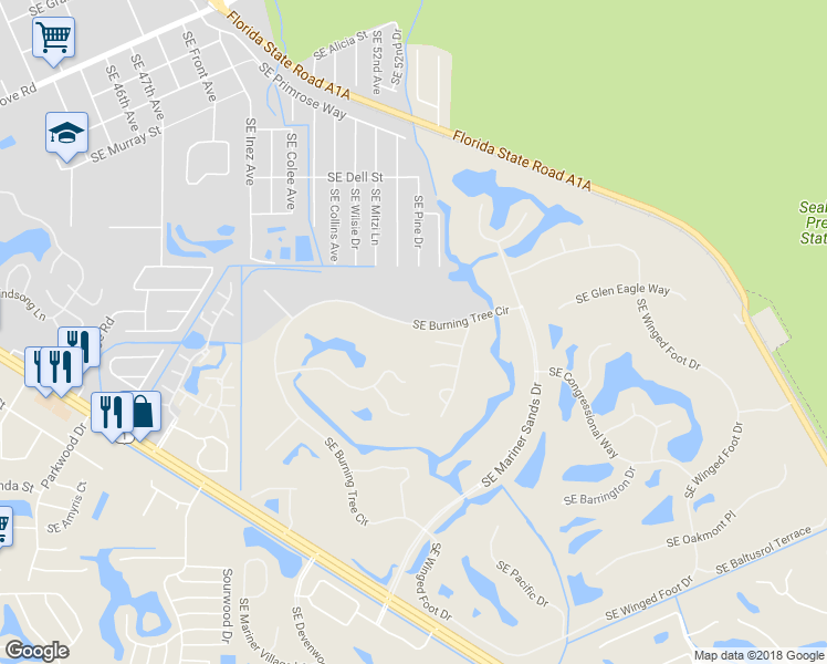 map of restaurants, bars, coffee shops, grocery stores, and more near 5320 Southeast Burning Tree Circle in Stuart