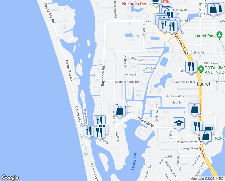 map of restaurants, bars, coffee shops, grocery stores, and more near 413 Shore Road in Nokomis