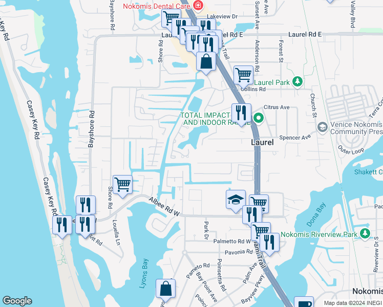 map of restaurants, bars, coffee shops, grocery stores, and more near 41 Inlets Boulevard in Nokomis