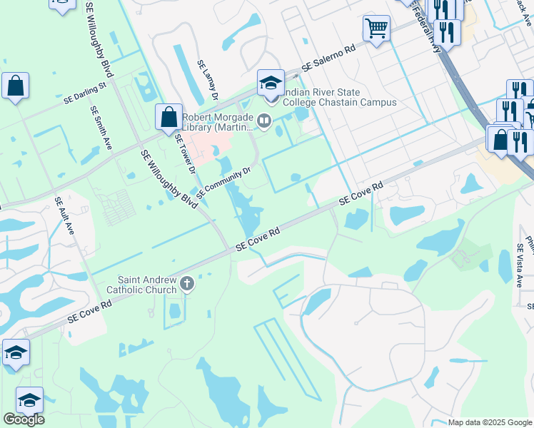 map of restaurants, bars, coffee shops, grocery stores, and more near 2625 Southeast Cove Road in Stuart
