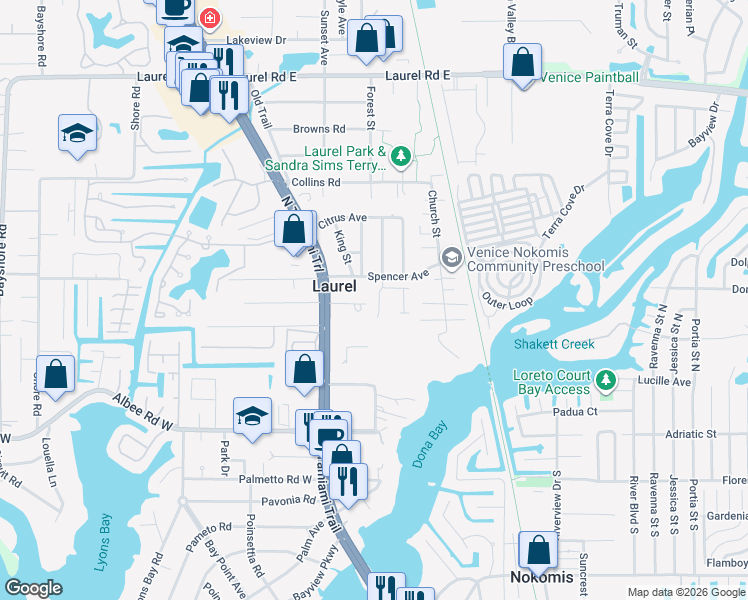 map of restaurants, bars, coffee shops, grocery stores, and more near 600 Tangerine Street in Nokomis