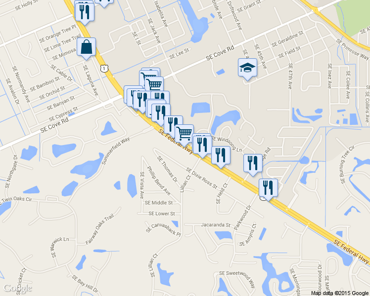 map of restaurants, bars, coffee shops, grocery stores, and more near 6197 Southeast Federal Highway in Stuart