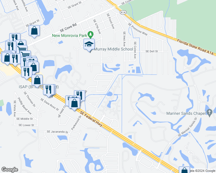 map of restaurants, bars, coffee shops, grocery stores, and more near 4599 Southeast Salvatori Road in Stuart