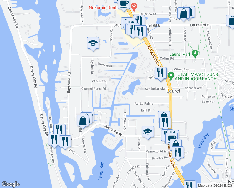 map of restaurants, bars, coffee shops, grocery stores, and more near 23 Inlets Boulevard in Nokomis