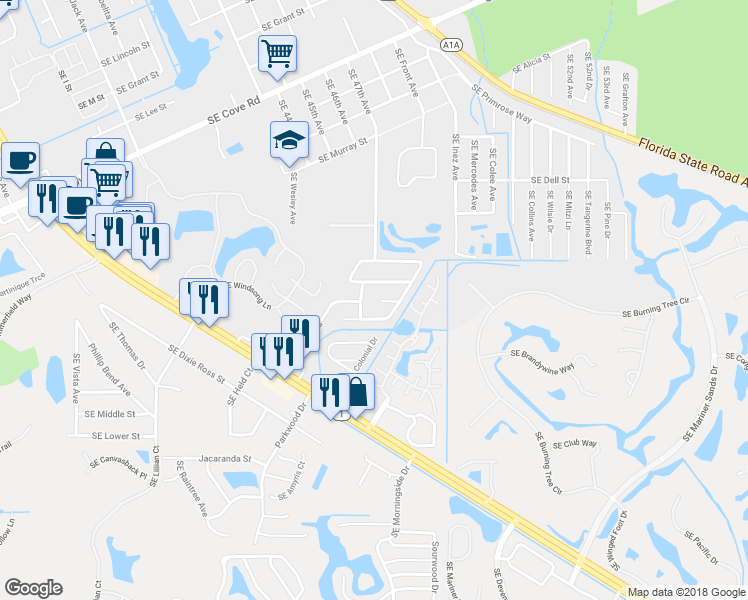 map of restaurants, bars, coffee shops, grocery stores, and more near 4595 Southeast Marie Way in Stuart