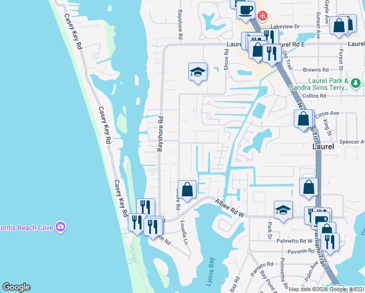map of restaurants, bars, coffee shops, grocery stores, and more near 408 Shore Road in Nokomis