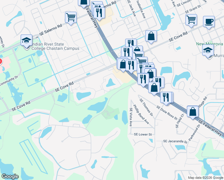 map of restaurants, bars, coffee shops, grocery stores, and more near 3480 Southeast Martinique Trce in Stuart