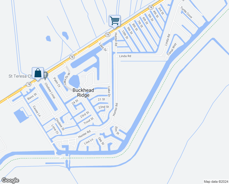 map of restaurants, bars, coffee shops, grocery stores, and more near 1520 Hunter Road in Okeechobee