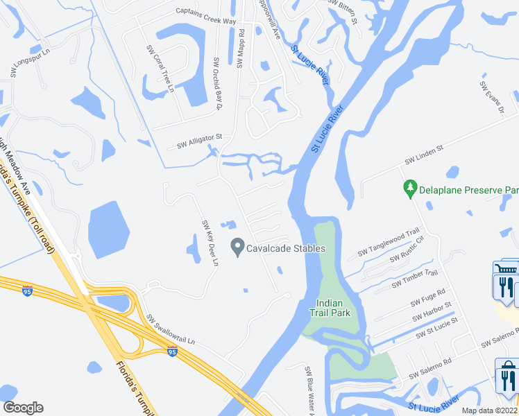 map of restaurants, bars, coffee shops, grocery stores, and more near 5825 Southwest Mapp Road in Palm City