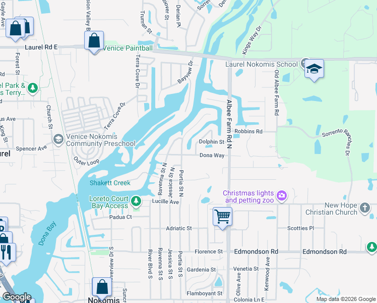 map of restaurants, bars, coffee shops, grocery stores, and more near 1208 Dona Way in Nokomis