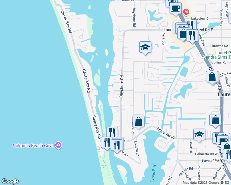 map of restaurants, bars, coffee shops, grocery stores, and more near 473 Bayshore Road in Nokomis