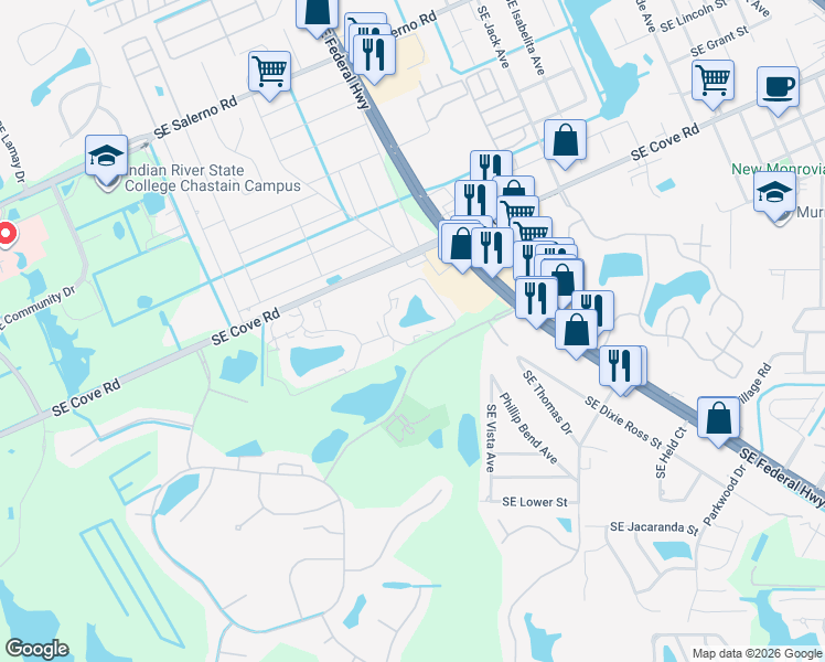 map of restaurants, bars, coffee shops, grocery stores, and more near 3480 Southeast Martinique Trce in Stuart