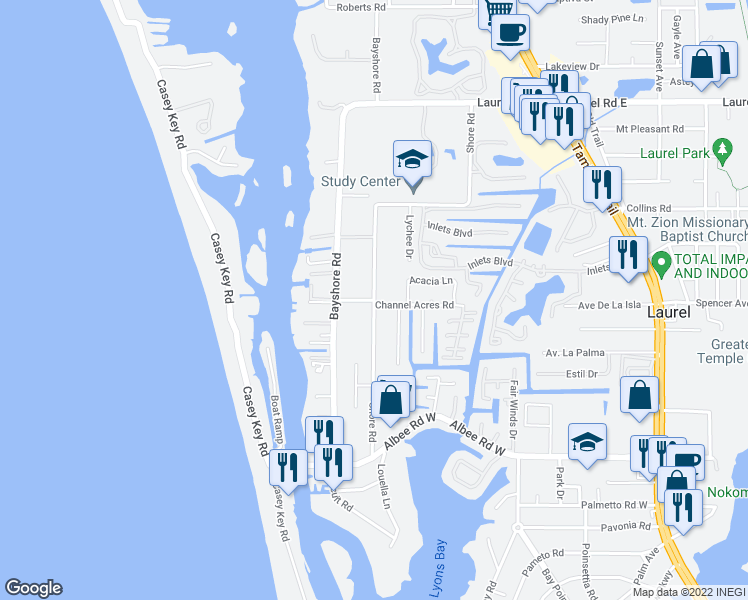map of restaurants, bars, coffee shops, grocery stores, and more near 501 Shore Road in Nokomis