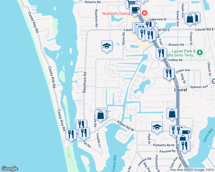 map of restaurants, bars, coffee shops, grocery stores, and more near 711 Channel Acres Road in Nokomis