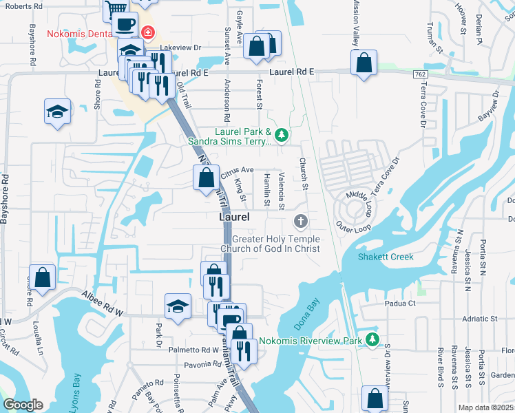 map of restaurants, bars, coffee shops, grocery stores, and more near 600 Tangerine Street in Nokomis