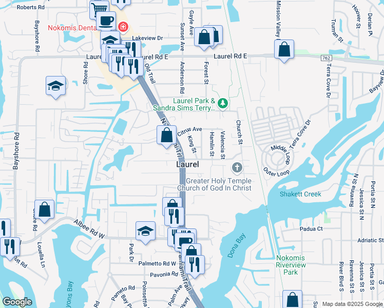 map of restaurants, bars, coffee shops, grocery stores, and more near in Laurel
