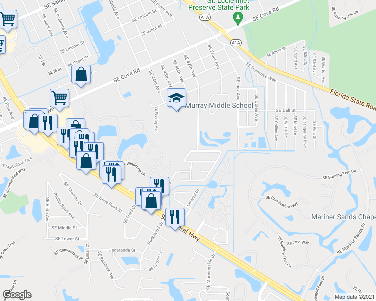 map of restaurants, bars, coffee shops, grocery stores, and more near 4798 Southeast Salvatori Road in Stuart