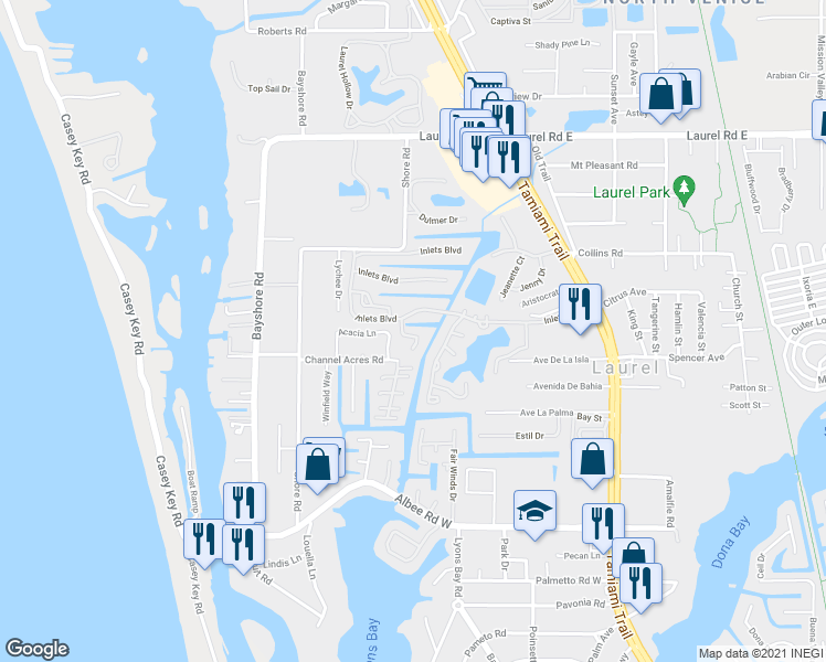 map of restaurants, bars, coffee shops, grocery stores, and more near 184 Inlets Boulevard in Nokomis