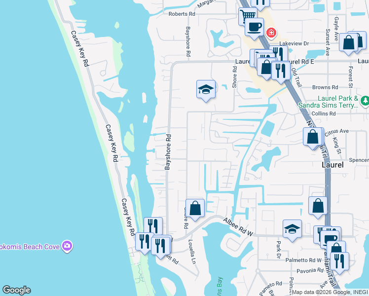 map of restaurants, bars, coffee shops, grocery stores, and more near 608 Shore Road in Nokomis
